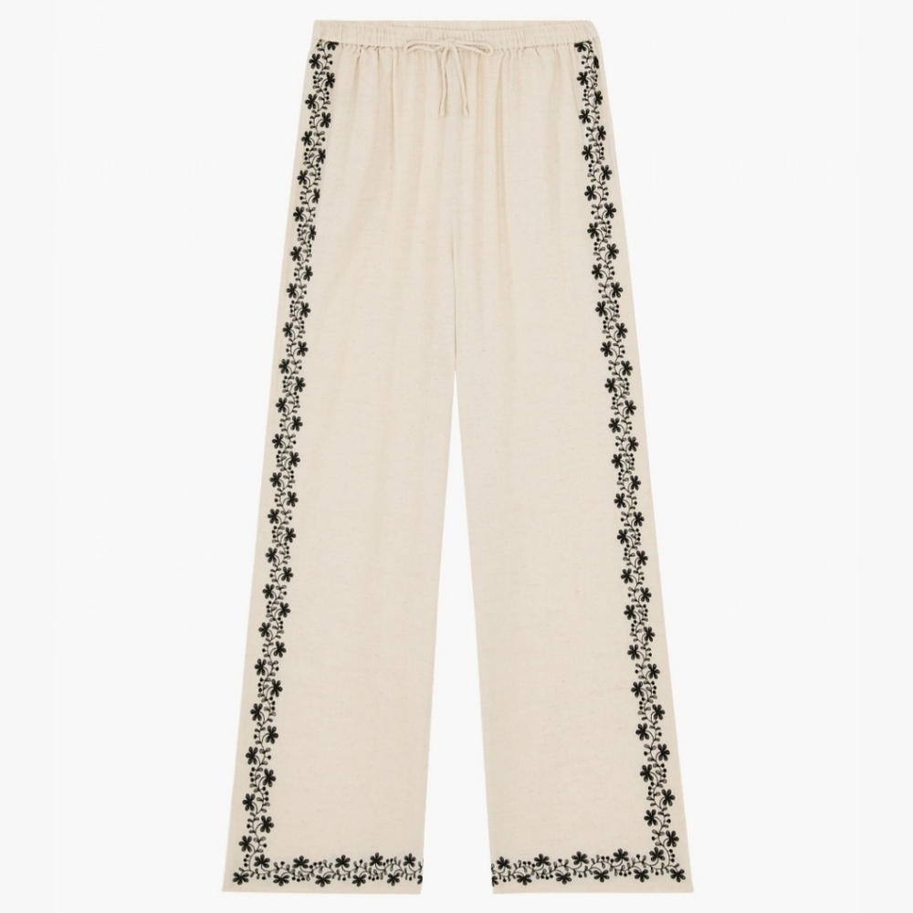 Nobody's Child Oatmeal Black Floral Embroidered Wide Leg Pull On Shona Trousers